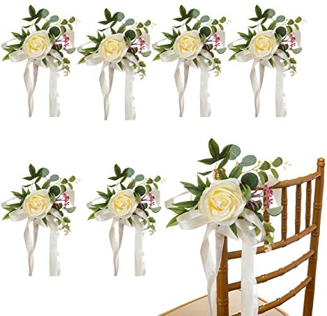 LEMCC 6 Stück Hochzeitsstuhl-Blumendekorationen, Pfingstrosen, Blumen mit Bändern für Hochzeitszeremonie, Empfang, Hochzeitsgang, Blumendekorationen Kirchenstuhlbank, Gelb, 27cm/10.6inch