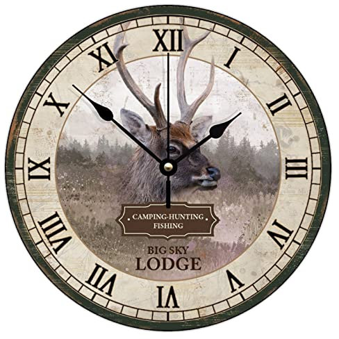 Reloj de pared redondo para camping, caza, pesca, retro, ciervo, PVC, para cocina, oficina, reloj colgante retro, 30,5 x 30,5 cm