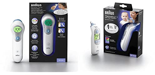 Braun No Touch + forehead thermometer (Position Check, color-coded fever guidance, fast measurement, backlit display), BNT300 & Healthcare ThermoScan 7 Ear thermometer with Age Precision, IRT6520