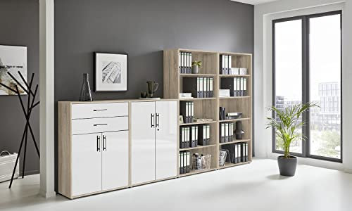 BMG Möbel Aktenschrank Office Edition Set 21, Büroschrank abschließbar mit Metallgriffen Made in Germany (Eiche Sonoma/Weiß Hochglanz)
