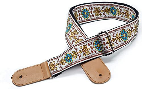 DUUDAH Verstellbarer Gitarrengurt für elektrische / akustische Gitarre/Bass, reine Baumwolle, bestickter Jacquard-Gurt, Ledergelenk, Ethno-Stil, Weiß