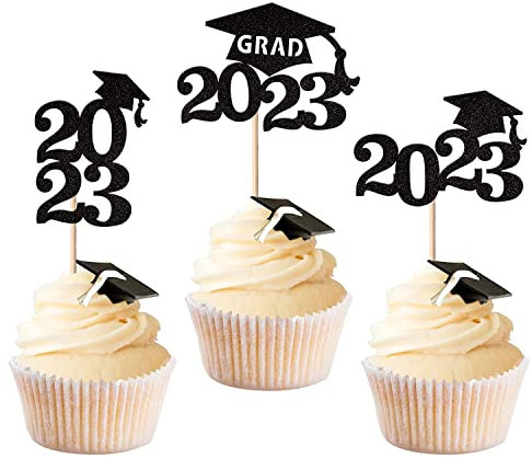 24 Stück 2023 Abschluss Tortendeko Cupcake Toppers Graduation Cake Decorations Cake Topper für Abschluss Party Schwarz