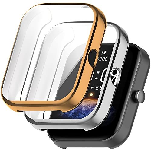 Akancy [2 piezas Compatible con Amazfit Bip3/Bip 3 Pro, Funda protectora Película protectora antiarañazos Protector de pantalla de silicona Protección total Funda de TPU -silver rosegold