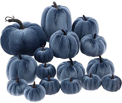 Yatinkim Blau Samt Herbsternte Kürbis Dekor Set 5 Größe Stoff Schaumstoff Kürbisse Rustikale Hochzeit Heim Dekoration Veranda Mittelstück Mantel 16 Stück