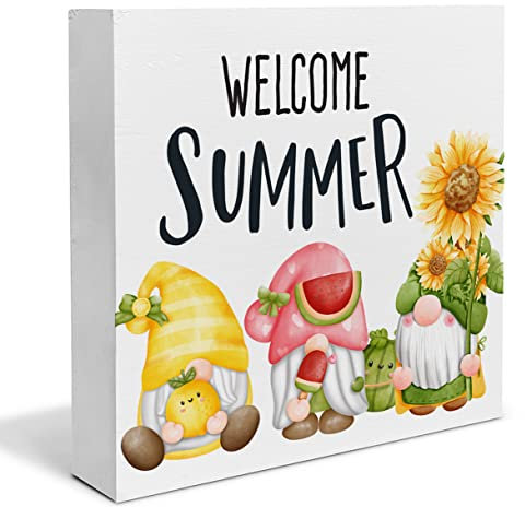 Letrero de madera de bienvenida para verano, decoración de escritorio, gnomos coloridos de verano, bloque de madera, decoración para el hogar, estante de pared