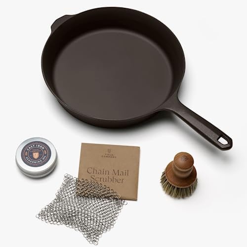 Field Cast Iron Starter Set -10.25 Inch Cast Iron Skillet with Cleaning Kit: Natural Fiber Brush, Chain Mail Scrubber & Organic Seasoning Oil – Lightweight, Preseasoned, Made in USA, Vintage Design