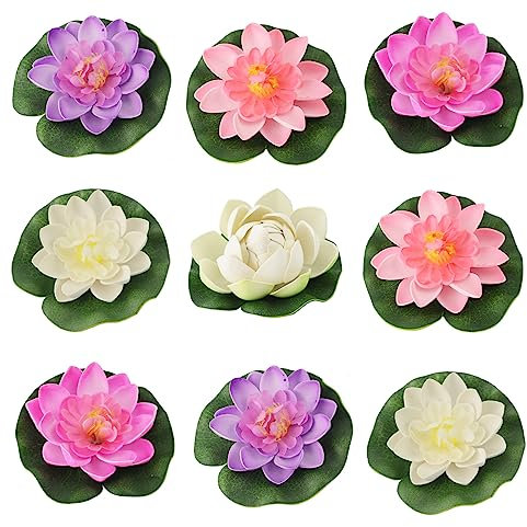 DINGFENG Lot de 9 Fleurs Flottantes, Nénuphars Artificiels, Fleurs de Lotus Flottantes, Nénuphars d'eau, Flottant Lotus, Lotus Flower Pétang pour Piscines, Aquariums, Scènes de Ruisseau