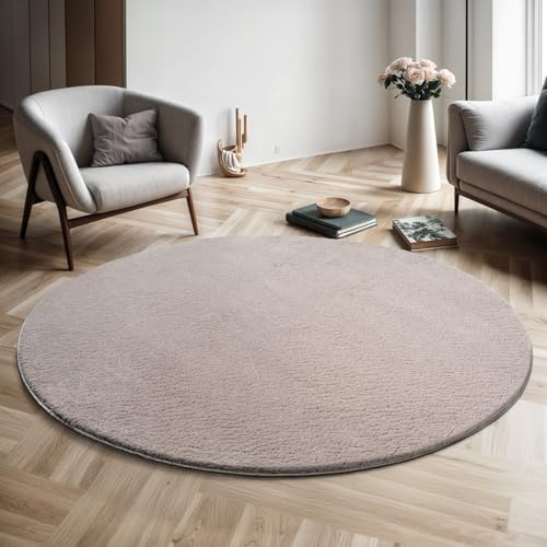 Mia's Teppiche Comfort Moderner Flauschiger Kurzflor Teppich, Anti-Rutsch Unterseite, Waschbar bis 30 Grad, Super Soft, Felloptik, Sand, 160 cm Rund