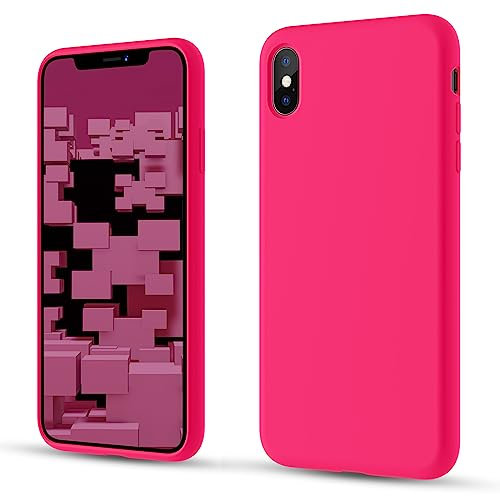 CALOOP Liquid Silicone Case Designed for iPhone Xs Max Case 6.5 inch, Full Body Protective Covered Silky-Soft Anti-Scratch Gel Rubber Slim Shockproof Cover with Microfiber Lining, Hot Pink