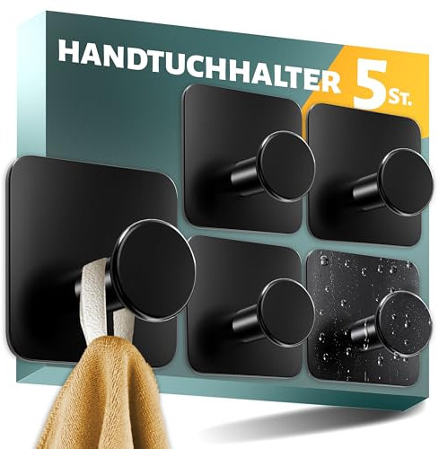 Menz Handtuchhalter ohne Bohren, 5er SET - Stilvolle schwarze Haken selbstklebend mit 3M-Spezial-Klebe-Pads - Moderne Klebehaken ideal als Wandhaken, Handtuchhaken Bad rostfrei