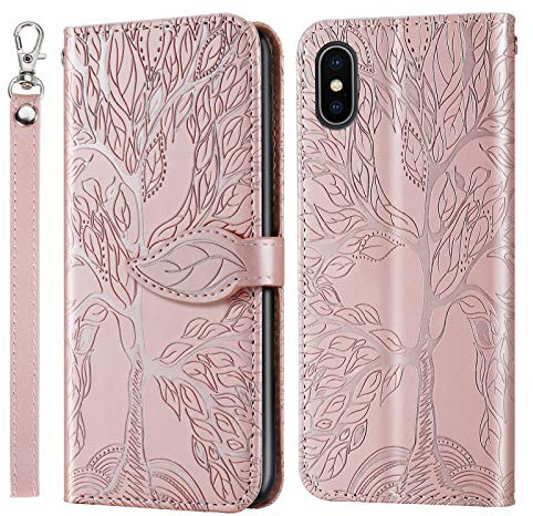 JayModCase Handyhülle für iPhone XS/iPhone X (5,8 Zoll), PU Leder Flip Kartenfach Geldbörse Magnetverschluss Standfunktion Cover - Roségold