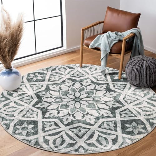 Carvapet Teppich Rund 120cm Weich und Flauschig Teppich Gegend Kreis rutschfest Waschbar Blumendrucke Bodenteppich Wohnzimmer Schlafzimmer(Dunkelgrau)