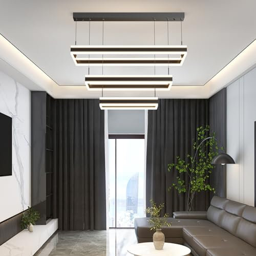 Mikeru Moderne Pendelleuchte, 3-Ring LED Esszimmer Pendelleuchte 40+60+80CM Wohnzimmer Pendelleuchten Dimmbar 10%-100% 3000-6000K Hochhängende Beleuchtungsarmatur mit Fernbedienung für das Esszimmer