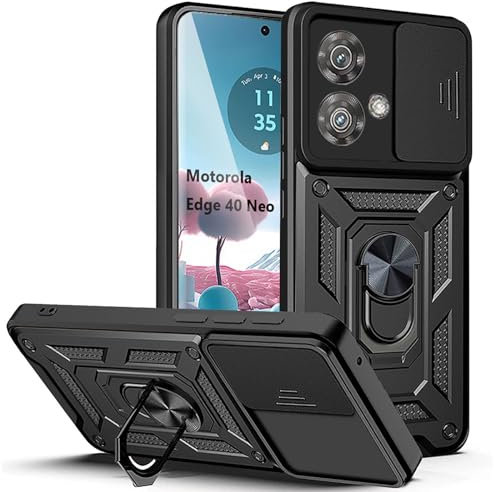 XCYYOO Cover per Motorola Edge 40 Neo, Custodia Antiurto con Scorrevole Fotocamera, Supporto di Anello Rotante e Bumper - Nero