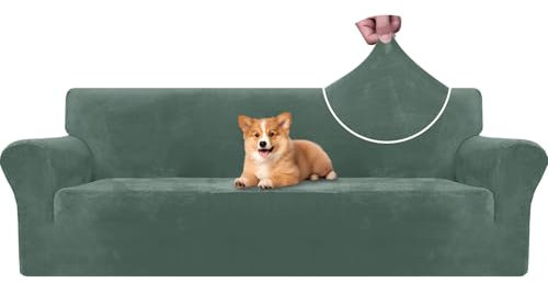 CYCMACO Copridivano Velluto Spesso 4 Posti, Universale Copridivani Elasticizzati, Copri Divani Antiscivolo, Moderno Sofa Cover Antigraffio, Fodera Divano Antimacchia Lavabile, Verde Chiaro