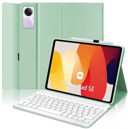 JADEMALL Funda con Teclado para Xiaomi Redmi Pad SE 11, Teclado Bluetooth Inalámbrico Desmontable Magnético con Funda Protectora Delgada para Tablet Xiaomi Redmi Pad SE 2023 11 Pulgadas, Verde Claro