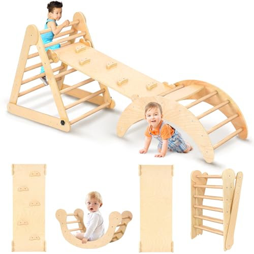 YOLEO Triangle à Grimper, Cadre à Grimper Pliant Montessori avec Arche de Toboggan, Robuste Aire de Jeux Intérieure pour bébés et Enfants 1 an