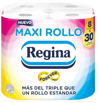 Regina Maxi rouleau – 8 rouleaux de papier toilette, 500 feuilles à 2 couches par rouleau, plus du triple qu'un rouleau standard, emballage en plastique recyclé à 60%, papier 100% certifié FSC®