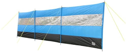 OLPRO Blauer Camping Windschutz - 5 m lang x 1,4 m hoch, faltbarer Strand- & Wohnwagen-Windschutz mit PVC-Fenster, Abspannseilen & Tragetasche, kompakter Windbreaker für Camping & Outdoor-Events