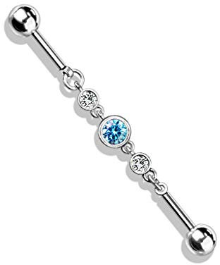 beyoutifulthings Industrial-Piercing Silber Zirkonia-Kette Clear Aqua Industrial-Barbell Industrial-Bar Chirurgenstahl Stab-länge 38-mm