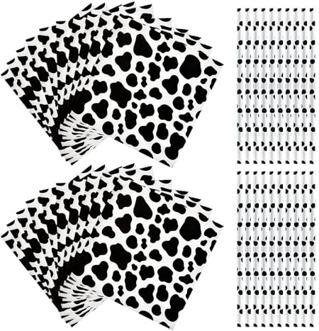 20 Pieces of Cow Tissues and 20 Pieces of Cow Straws, Animal Tissues, Cow Decorations, Party Accessories, Animal Tableware Accessories (Black)