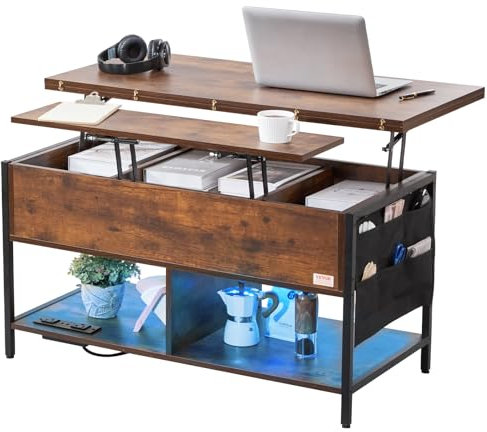 VEVOR Couchtisch Wohnzimmertisch mit anhebbarer Platte, Kaffeetisch mit Aufbewahrungstaschen, umklappbarer Couchtisch mit Steckdosenleiste & USB & Ambientebeleuchtung, 100 cm Couchtisch Braun
