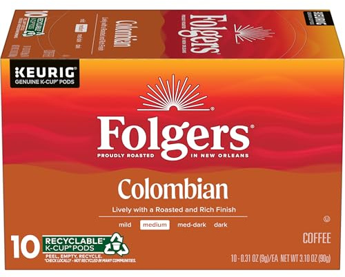 Folgers Colombian Coffee, Medium Roast, Keurig K-Cup Pods, 10 Count Box