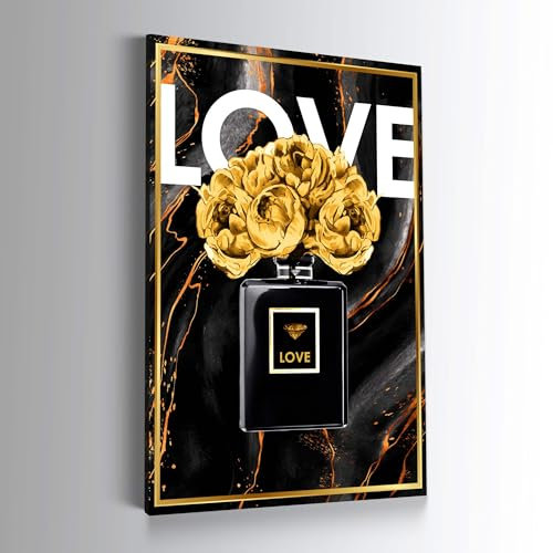 Blue Booms Goldene Rosen Parfum Flasche Poster 70x105 Rahmen Schwarz