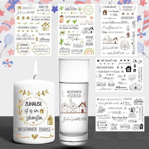ROEOWENE 5 PCS Kerzentattoos Home,Wasserschiebefolie Kerzen Tattoos,Rub on Sticker Familie,Zuhause Kerzenfolie DIY Kerzensticker für Keramik,Geschenk Kerzenaufkleber für Kerzen Dekorieren Kerzentatoos