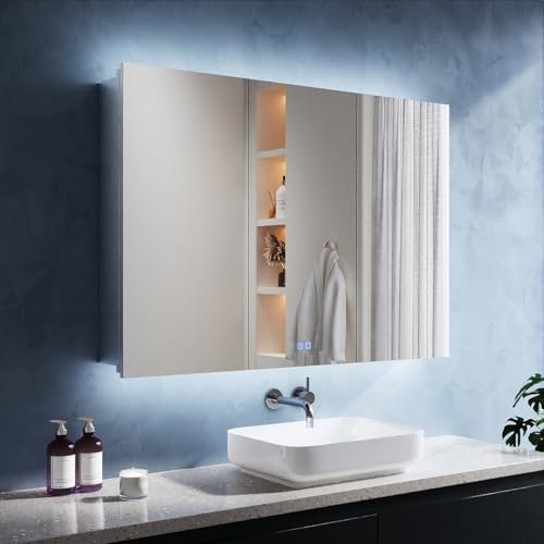 SVNR Spiegelschrank Bad Mit Beleuchtung 100x60x13cm Badschrank Mit 3 Glastüren, Badezimmer Spiegelschrank, Edelstahl, Antibeschlag, Steckdose(Schwarz)