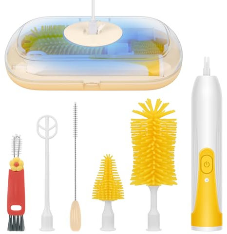 BlumWay Elektrische Flaschenbürste, tragbare Babyflaschenbürste für die Reise, wasserdichtes Flaschenreinigungsset mit Nippel- und Strohhalmbürste, Bürstenset für die Reinigung von Tassendeckeln,Gelb