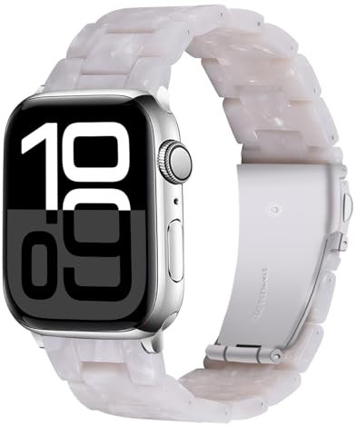 Miimall Bracelet Compatible avec Apple Watch 49/46/45/44/42mm(Series 3 2 1), Bracelet en Résine pour Apple iWatch 9 8 7 6 5 4 3 2 1 SE Strap Métal pour Femme, Blanc Perle, Boucle en Argent