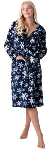 Camille Women's Supersoft Fleece Hooded Dressing Gown - Blue Snowflake 14-16