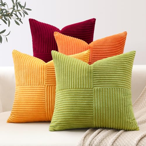 Sungeek 4er Set Cord Kissenbezüge, Kreuz Streifen Muster Kordsamt Kissenbezug Sofakissen Dekokissen Patchwork Design Deko Zierkissenbezüge Kissenhülle für Wohnzimmer (45x45cm, Gelb Orange)