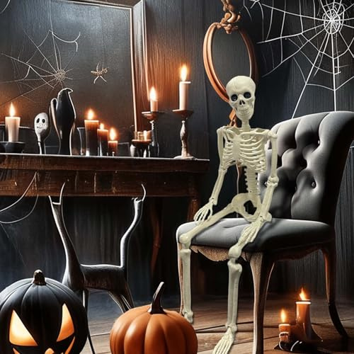 Dwafill Halloween Skelett, 90cm Ganzkörper-bewegliche Skelette, menschliche Kunststoffknochen mit beweglichen Gelenken für gruselige Innen und Außendekorationen (1)