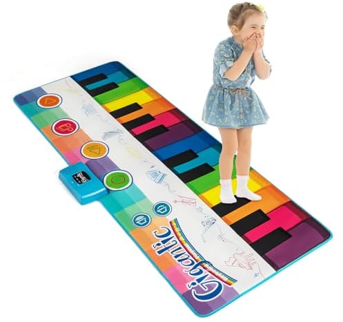 KOMFOTTEU Klaviermatte für Kinder ab 3 Jahren, 24 Tasten, Babyklavier mit 10 Liedern & 8 Instrumententönen, Musikmatte, Wiedergabe & Lautstärke verstellbar, 181 x 73 cm, Regenbogenfarben