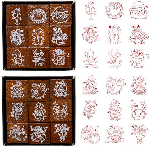 Pilikoll 18 Stück Weihnachten Stempel Holz Stempel Weihnachtsstempel Klein Motivstempel Weihnachten Holzstempelset Holz Weihnachtsstempel Set für Kartenbasteln Scrapbooking Geschenkpapier
