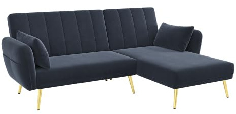 HAINEW Moderner 2 Sitzer L-förmiges Ecksofa Eckcouch mit Schlaffunktion für Wohnzimmer, Wohnung, 191,5×130×80cm, Samt-Material, Verstellbare Rückenlehne, Goldene Beine (Schwarz)