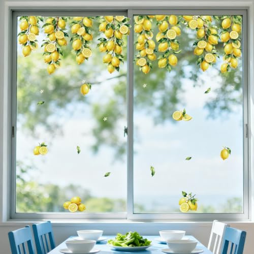 ANATTASOUL Zitrone Fensterbilder for Frühling Sommer | Doppelseitig Blickdichter Badezimmer Fensterbilder Kinderzimmer Wiederverwendbare Fensterbilder Frühling for Winter Herbst