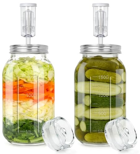 AULEEP 2L Fermentierglas mit Gewicht & Gärventil, 2 Stück fermentiergläser | Fermentationsglas mit Fermentiergewichte,Fermentieren Gläser für Sauerkraut,Kimchi,Kombucha,Fruit,Vegetable,Pickled,Sauerteig