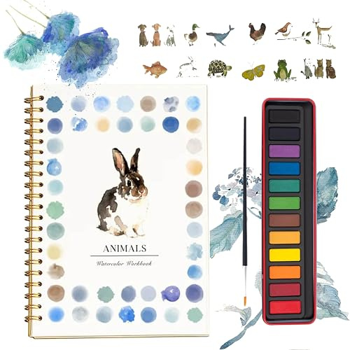 ALISMDZZ|Aquarell Malbuch für Anfänger & Kinder – Inkl. 12 Farben & Mischtanleitung auf extra dickem Papier | Perfekt gegen Durchdrücken | für kreative Erkundung, Geschenk, Teenager (Animal, 1)