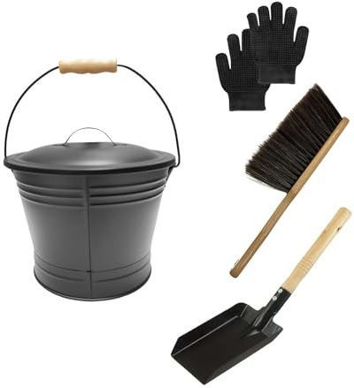 Ash Bucket 6L Metal Ash Bin Set with Lid, Shovel, Hand Broom and Gloves | Ash Can for Fireplaces and Fire Pits, Ash Carrier Cleaning Tools for Coal, Charcoal and Pellet Ash (6 L)