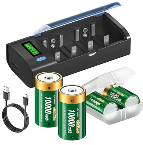 Palogreen Universel Chargeur de Piles Rechargeable avec D Batterie 10000mAh, LCD Chargeur de Batterie Rapide pour AA/AAA/SC/C/D Piles Rechargeables Ni-MH, avec Fonction de Décharge