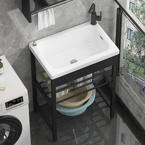 Évier Utilitaire Sur Pied Avec Planche à Laver et Cadre en Acier Inoxydable, Meuble Vasque Salle de Bain avec Étagère Ouverte, pour Buanderie, Salle de Lavage, Garage(60cm/24in)