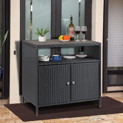 Armario De Almacenamiento Exterior De Ratán Con 2 Puertas y Estante Abierto, Mueble De Exterior Con Encimera De Madera, Aparador De Mimbre Resistente a La Intemperie Para Patio y Jardín 90x53x85cm