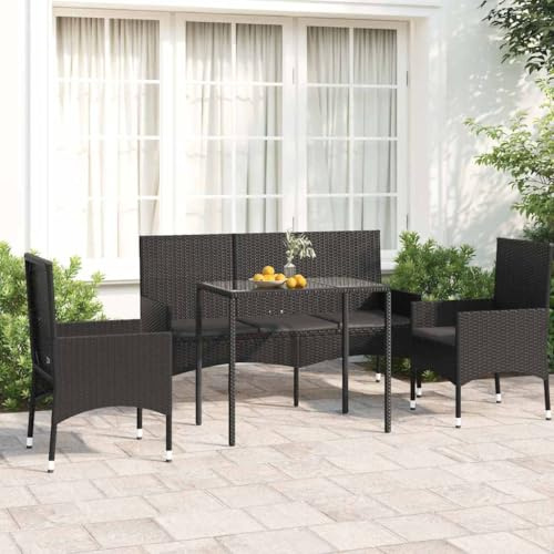 zylophax 4-TLG Garten-Lounge-Set Schwarz Poly Rattan wetterfest mit 5 Kissen, 2 Stühlen, Bank und Tisch, komfortable Sitzgruppe Outdoor für Terrasse, Balkon und Gartenmöbel Set