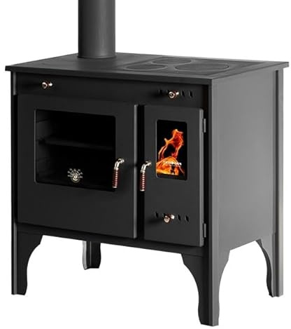 PROMETEY Retro ECO Holzofen 7 kW mit Gusseisen-Kochfeld und Backofen links, Rauchabzug Energieklasse A Plus Heizung Kochen Backofen