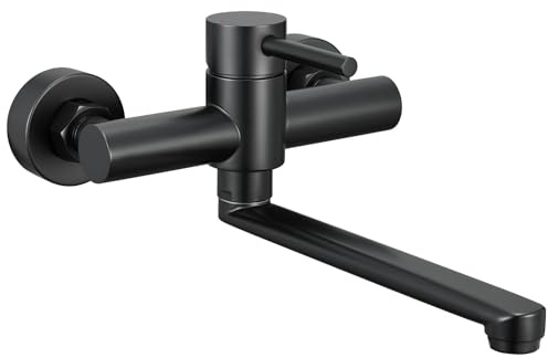 CECIPA Rubinetto Cucina Parete Nero, Miscelatore Cucina a Muro in Acciaio Inox 304, Miscelatore Parete con Acqua Calda e Fredda, Nero