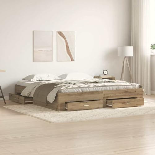 YNGBHFNOP Bettrahmen Artisan-Eiche 180 x 200 cm Holzwerkstoff mit Schubladen Stauraum Bettgestell stabil Belastbarkeit 220 kg Lattenrost inklusive Schlafzimmer Bett Vintage Design