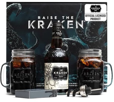 The Kraken Spiced Rum Gift Set - 35cl Official Kraken Black Spiced, 2x Mason Jar Glasses, Bottle Pourer, Playing Cards - Cocktail Rum Gifts for Men, Alcohol Gifts for Women, Fathers Day